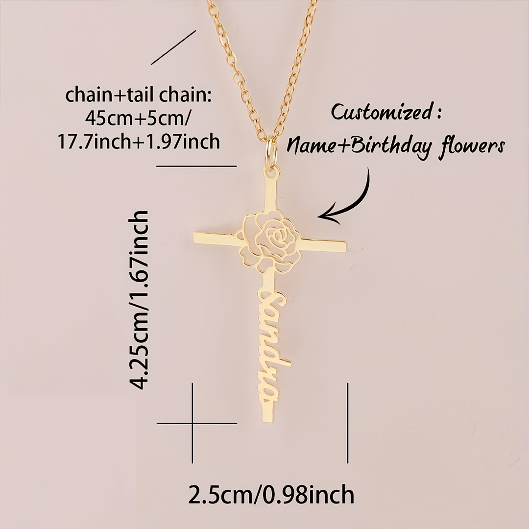 Custom Birth Flower Cross Name - Birth Flower Necklace 评论和价格
