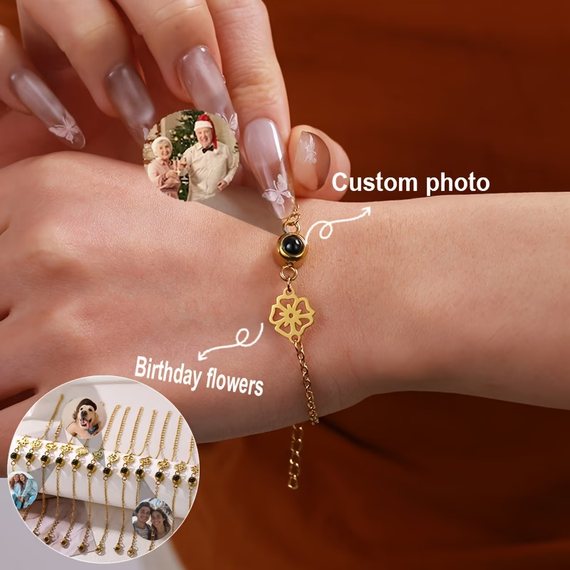 Custom Photo Bracelet Stainles - Birth Flower Necklace 评论和价格